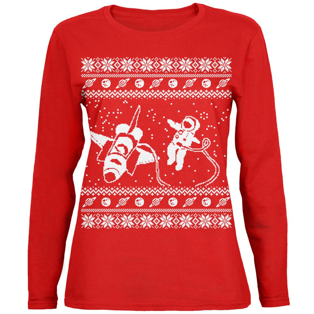 Astronaut in Space Ugly Christmas Sweater Womens Long Sleeve T Shirt Women's Long Sleeves Old Glory 2XL Red 