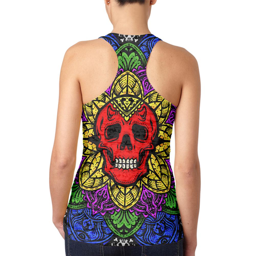 Halloween Demon Skull Mandala Juniors Burnout Racerback Tank Top Juniors Tank Tops Old Glory   