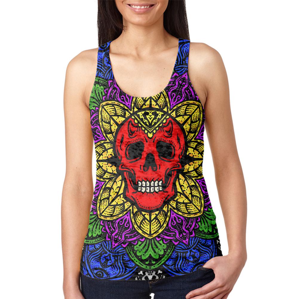 Halloween Demon Skull Mandala Juniors Burnout Racerback Tank Top Juniors Tank Tops Old Glory 2XL Multi 