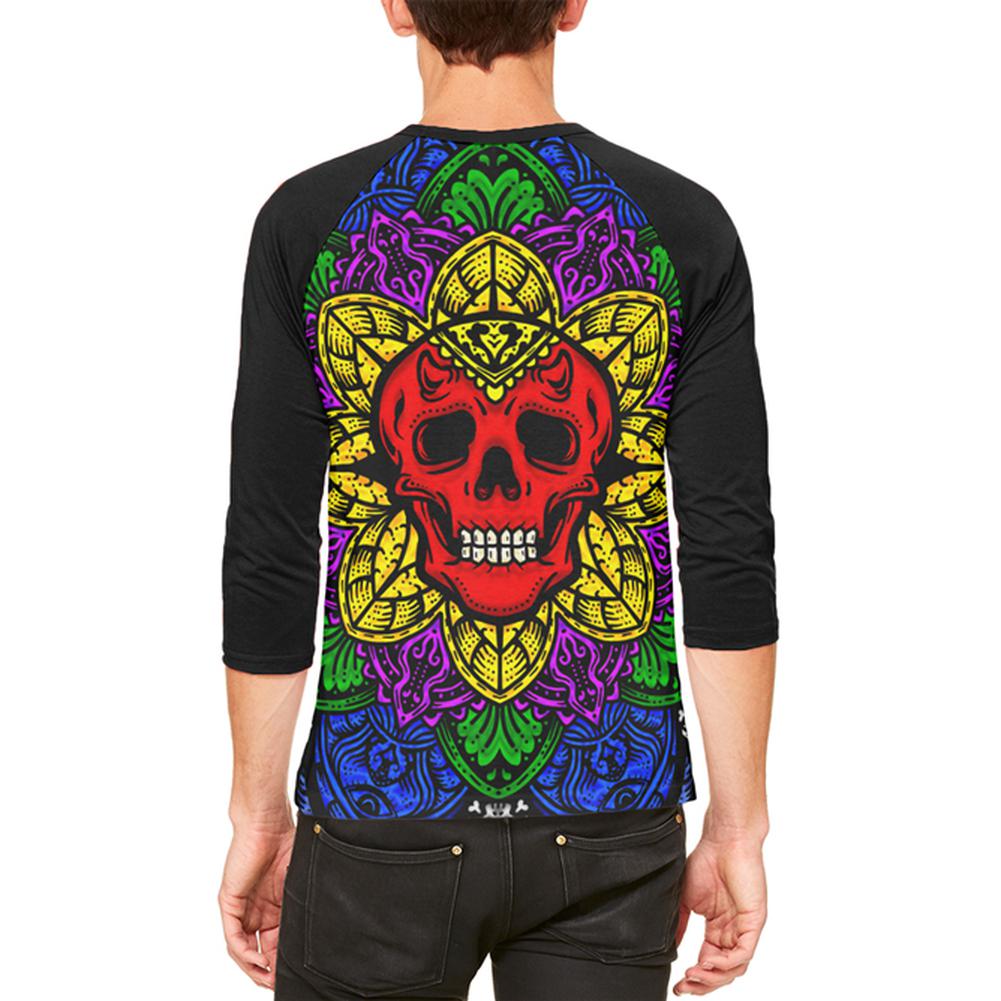 Halloween Demon Skull Mandala Mens Raglan T Shirt Men's T-Shirts Old Glory   