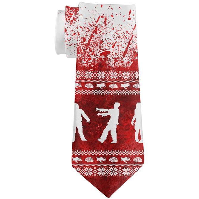 Ugly Christmas Sweater Bloody Zombie Attack Survivor All Over Neck Tie Men's Neck Ties Old Glory OS Multicolored 