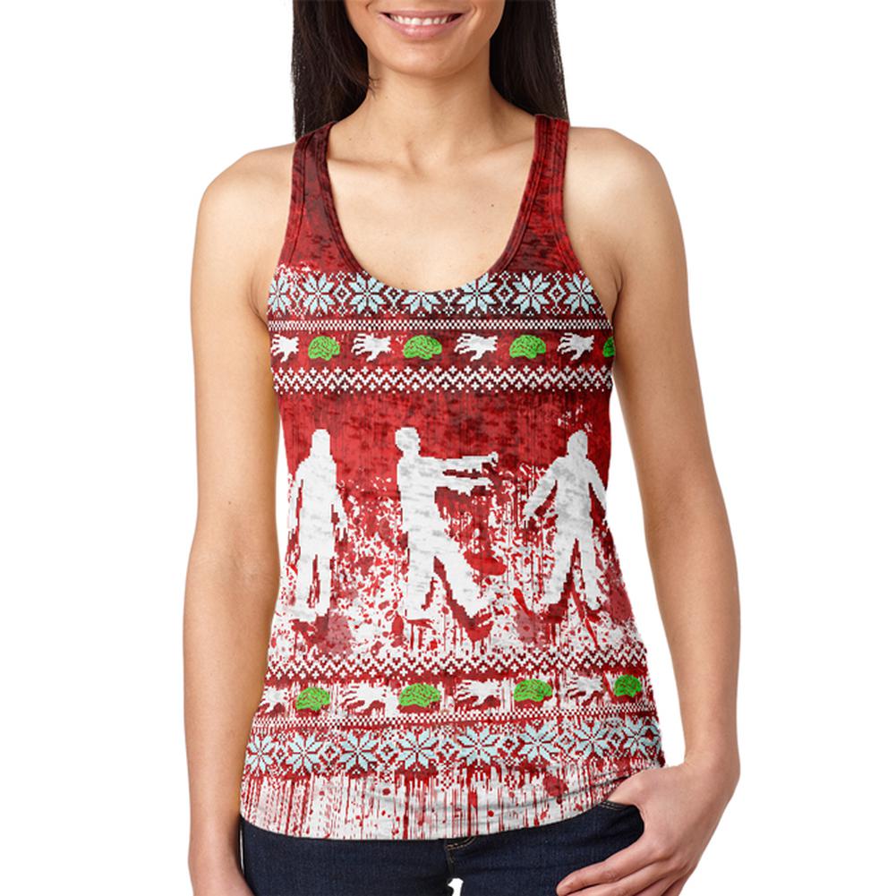 Ugly Christmas Sweater Bloody Zombie Attack Survivor Juniors Burnout Racerback Tank Top Juniors Tank Tops Old Glory 2XL Multi 