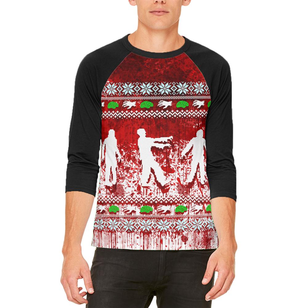 Ugly Christmas Sweater Bloody Zombie Attack Survivor Mens Raglan T Shirt Men's T-Shirts Old Glory 2XL White-Black 