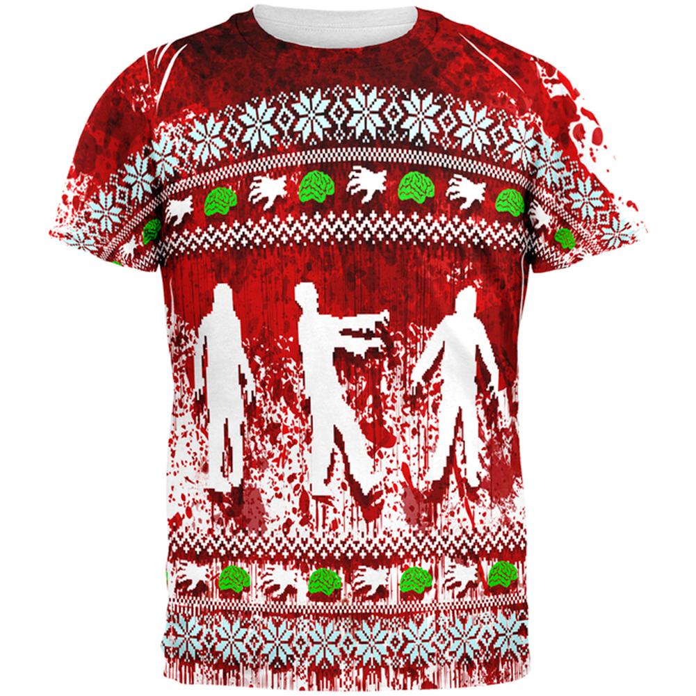 Ugly Christmas Sweater Bloody Zombie Attack Survivor All Over Mens T Shirt Men's T-Shirts Old Glory 2XL Multi 