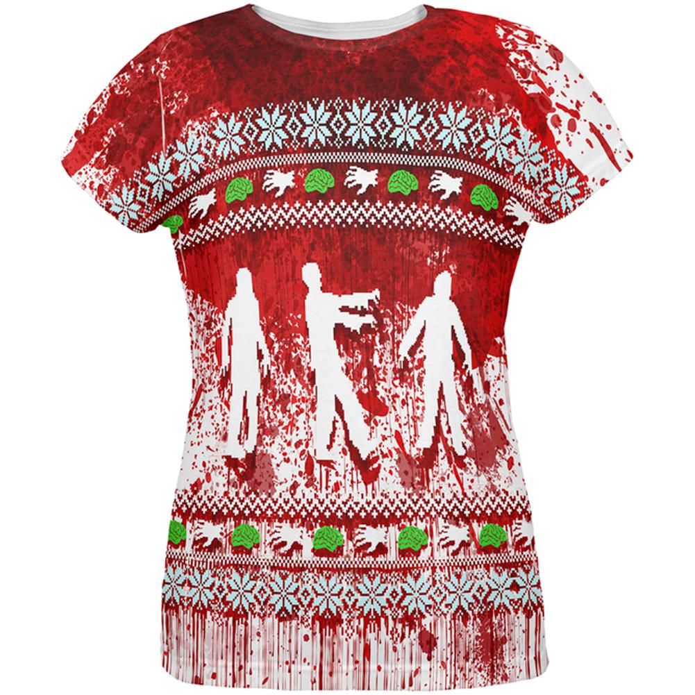 Ugly Christmas Sweater Bloody Zombie Attack Survivor All Over Womens T Shirt Women's T-Shirts Old Glory 2XL Multi 