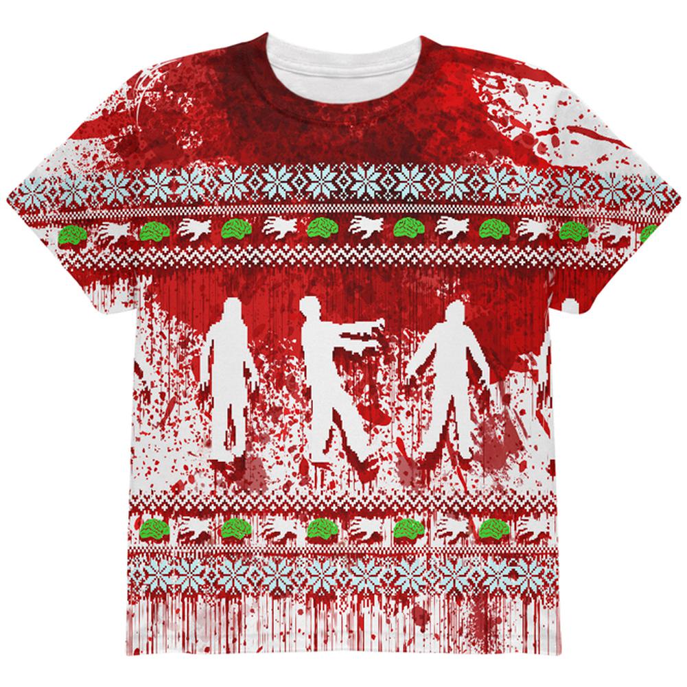 Ugly Christmas Sweater Bloody Zombie Attack Survivor All Over Youth T Shirt Youth T-Shirts Old Glory LG Multi 