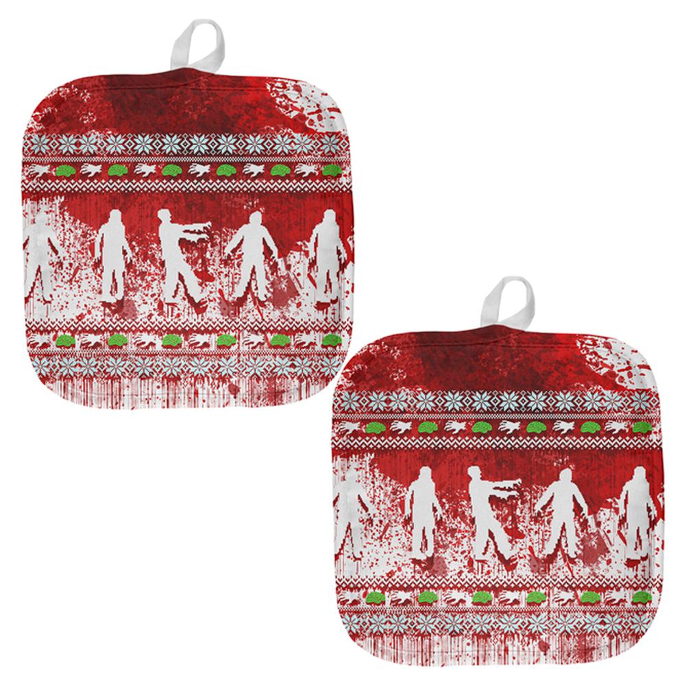 Ugly Christmas Sweater Bloody Zombie Attack Survivor All Over Pot Holder (Set of 2) Pot Holders Old Glory OS Multi 