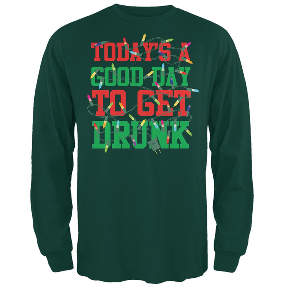 Christmas Good Day To Get Drunk Tangled Lights Mens Long Sleeve T Shirt Men's Long Sleeves Old Glory 2XL Forest Green 