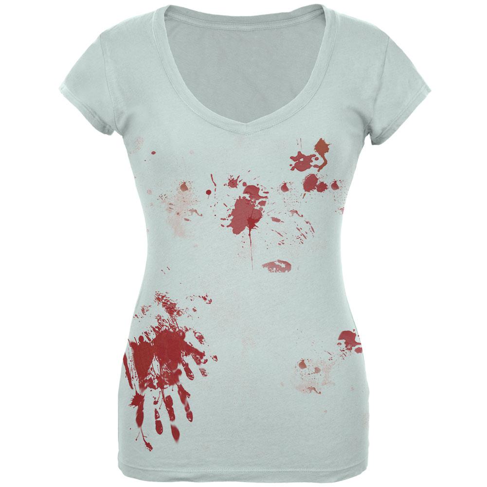 Halloween Blood Splatter Costume Juniors V-Neck T Shirt Juniors T-Shirts Old Glory LG Silver 