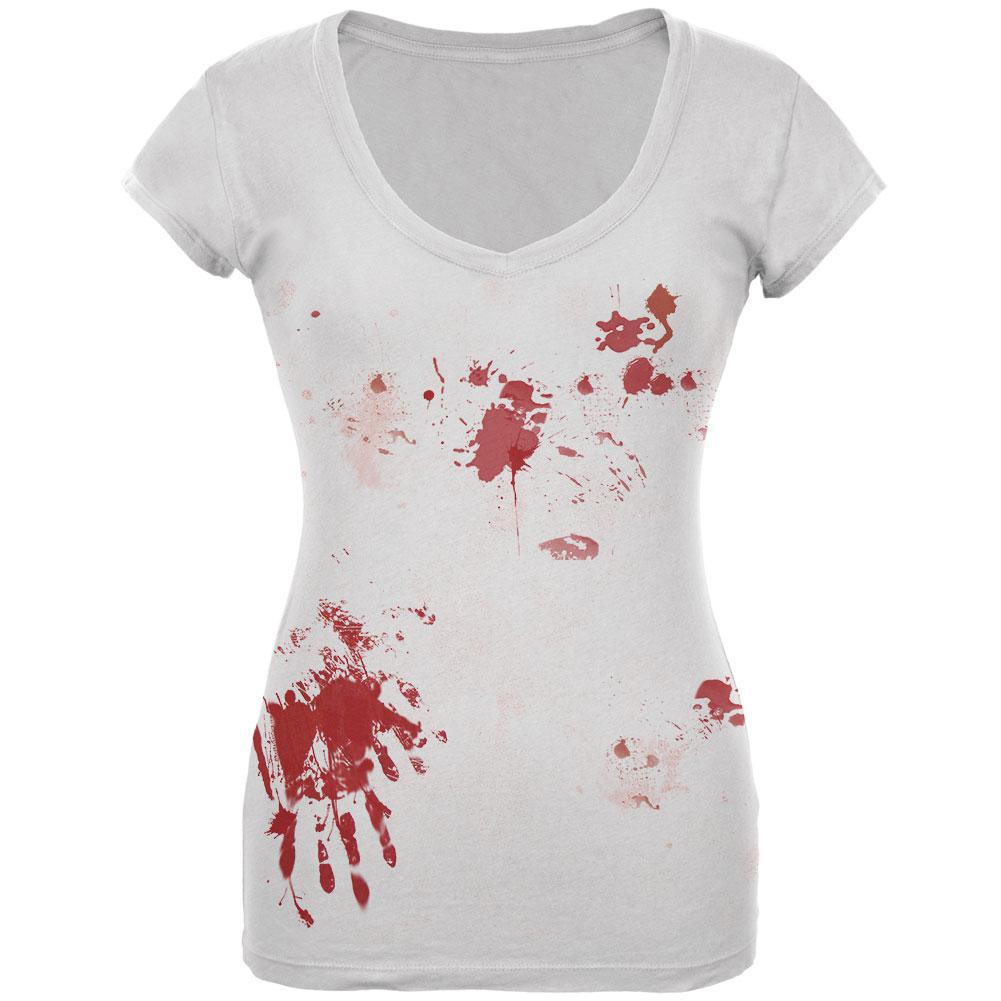 Halloween Blood Splatter Costume Juniors V-Neck T Shirt Juniors T-Shirts Old Glory LG White 