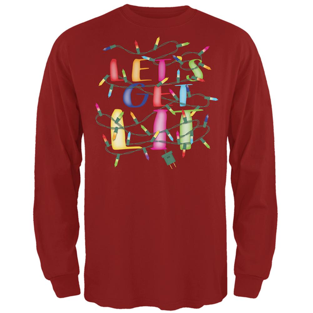 Christmas Lights Let's Get Lit Party Mens Long Sleeve T Shirt Men's Long Sleeves Old Glory 2XL Cardinal Red 