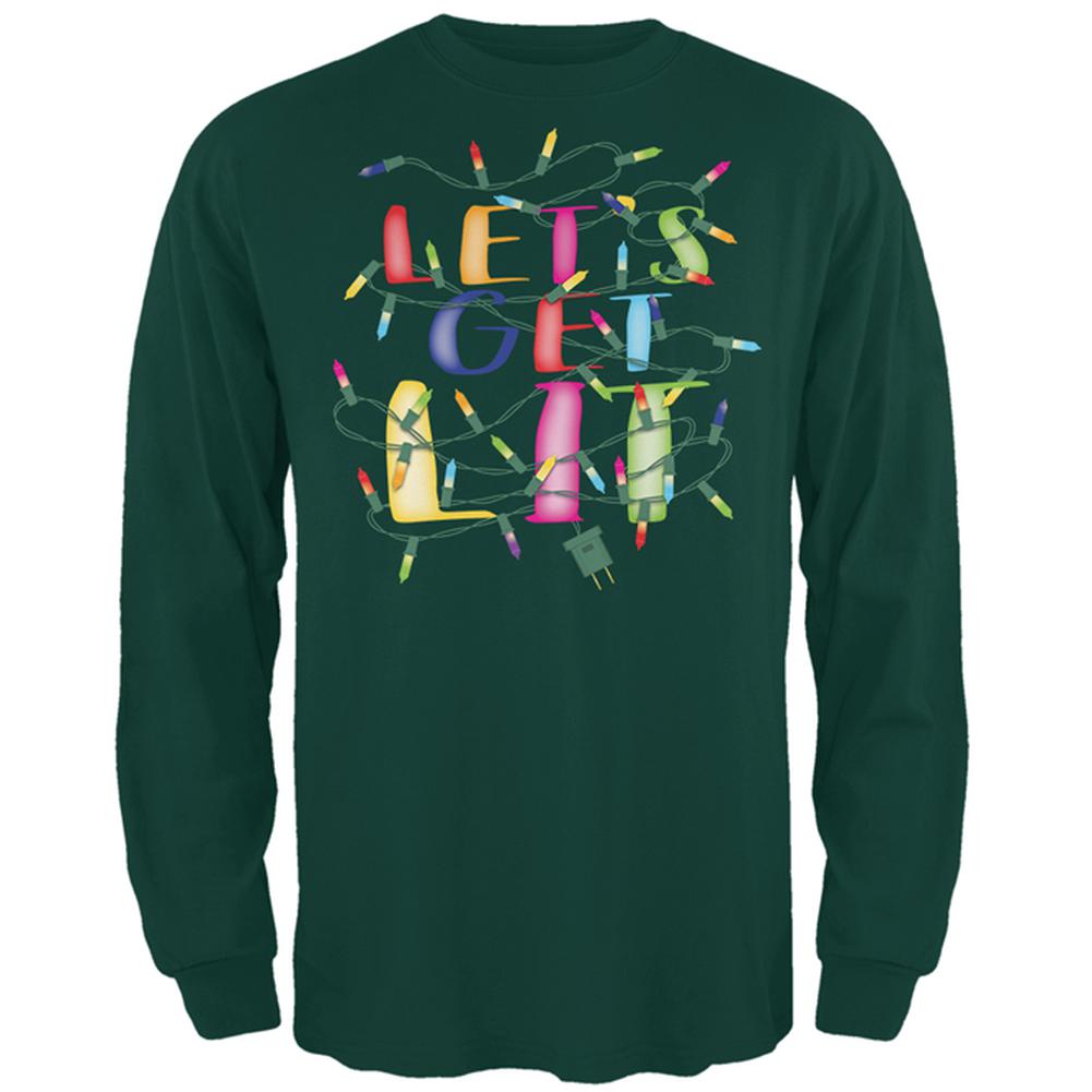 Christmas Lights Let's Get Lit Party Mens Long Sleeve T Shirt Men's Long Sleeves Old Glory 2XL Forest Green 