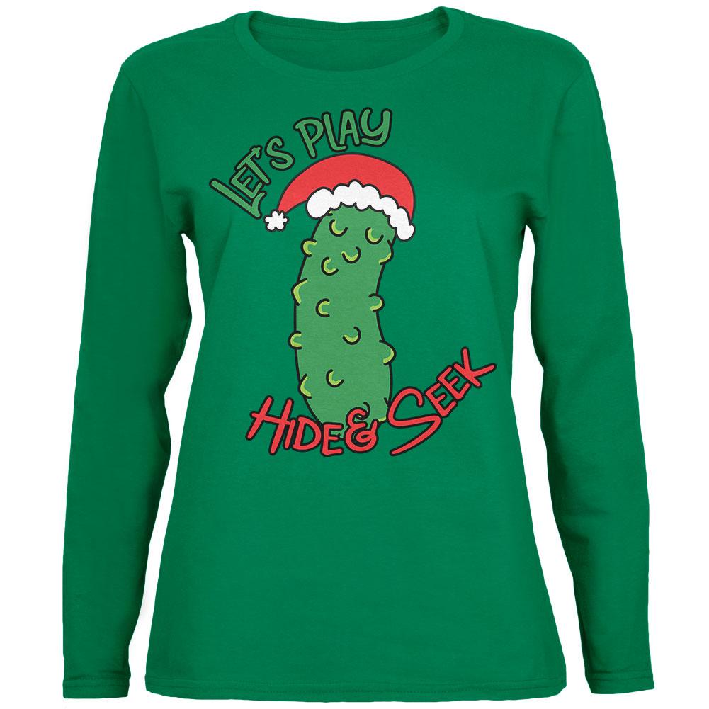 Christmas Pickle Hide And Seek Funny Womens Long Sleeve T Shirt Women's Long Sleeves Old Glory 2XL Green 