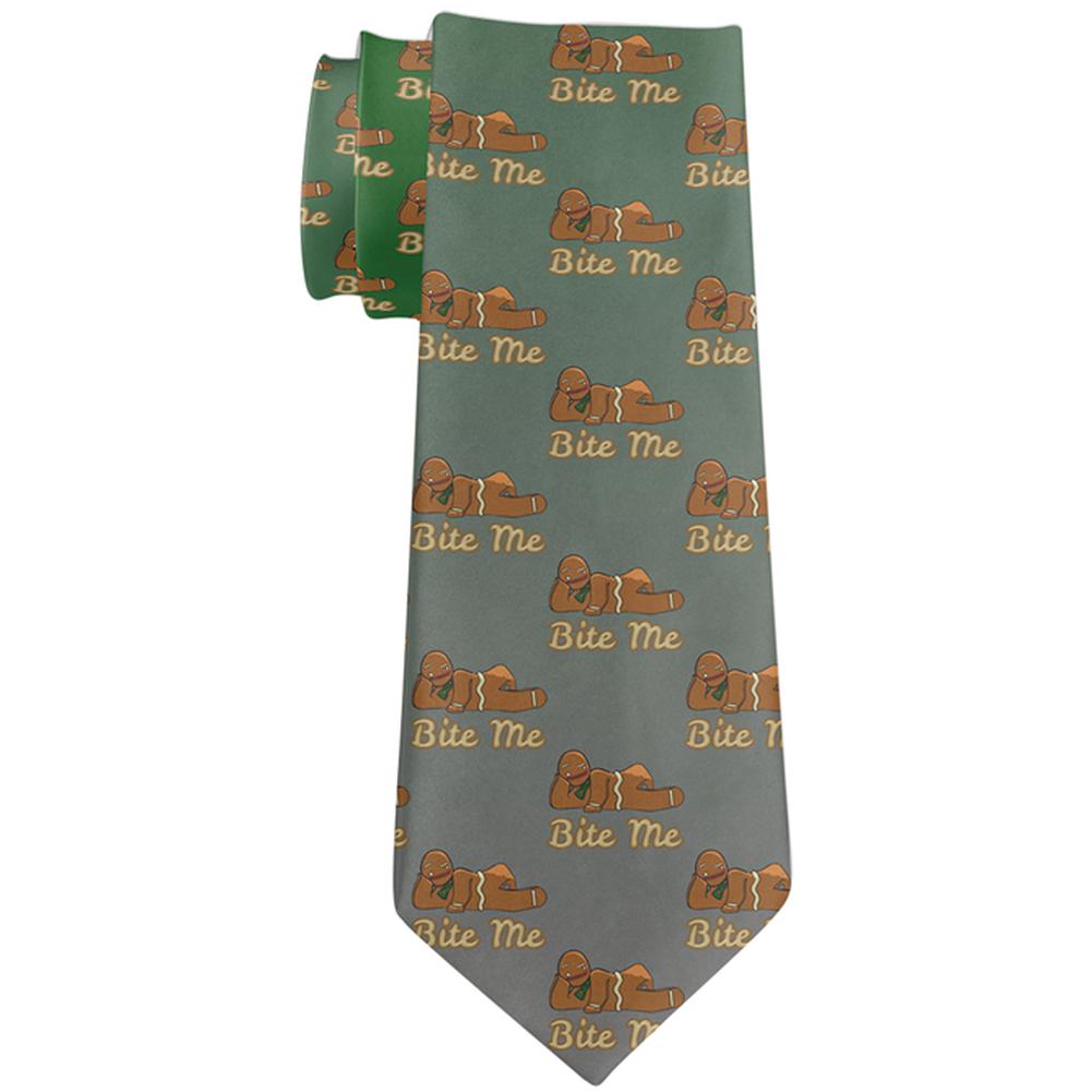 Christmas Gingerbread Man Bite Me Funny All Over Neck Tie Men's Neck Ties Old Glory OS Multi 