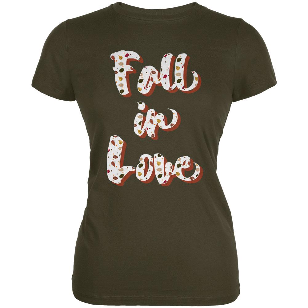 Autumn Fall in Love Leaves Pattern Juniors Soft T Shirt Juniors T-Shirts Old Glory 2XL Army 