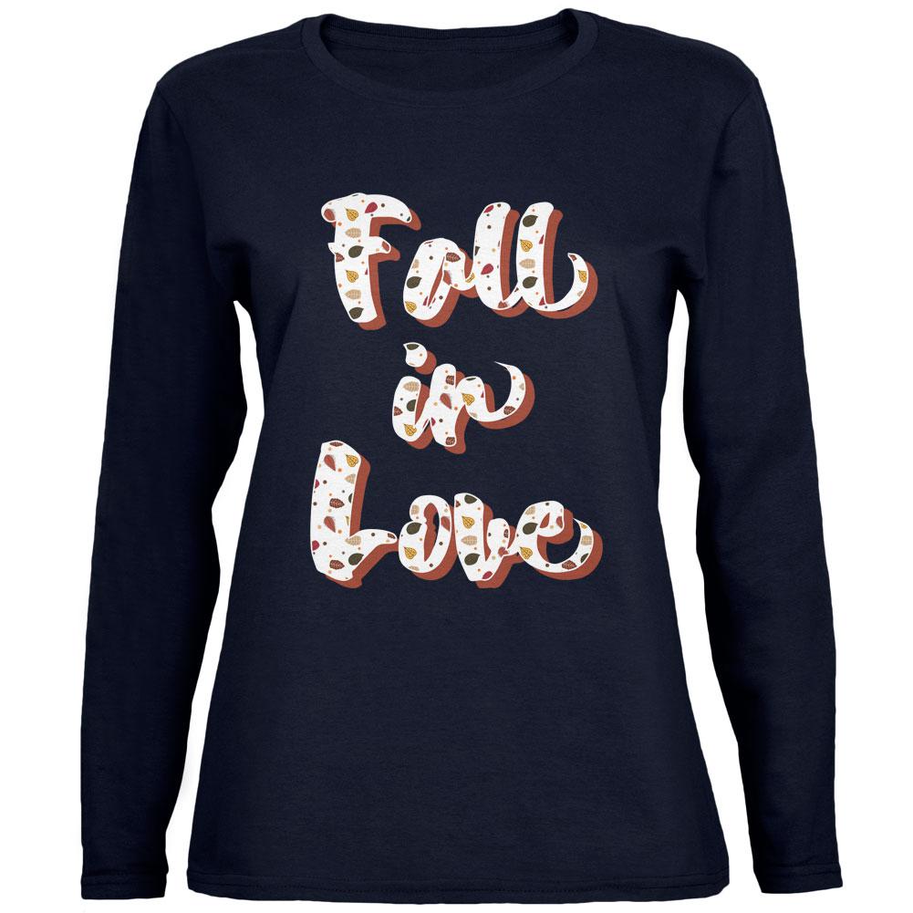 Autumn Fall in Love Leaves Pattern Womens Long Sleeve T Shirt Women's Long Sleeves Old Glory 2XL Navy 