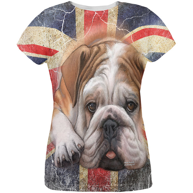 English Bulldog Union Jack Flag Live Forever All Over Womens T Shirt Women's T-Shirts Old Glory LG Multicolored 