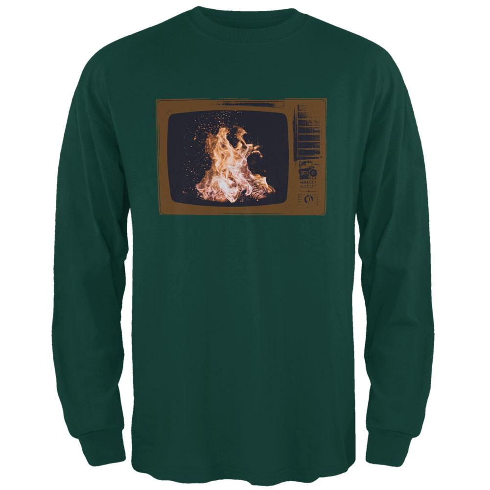 Autumn Funny Faux Fireplace Television Mens Long Sleeve T Shirt Men's Long Sleeves Old Glory 2XL Forest Green 