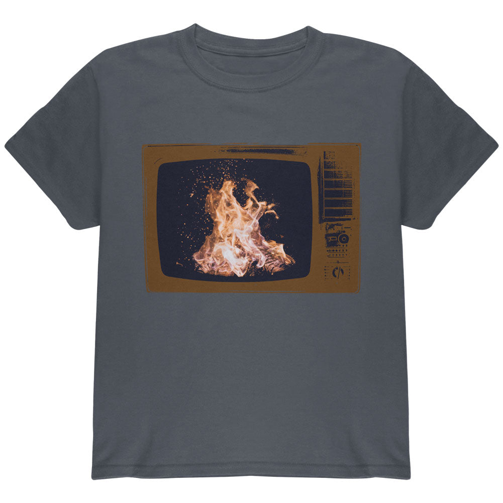 Autumn Funny Faux Fireplace Television Youth T Shirt Youth T-Shirts Old Glory YLG Charcoal 