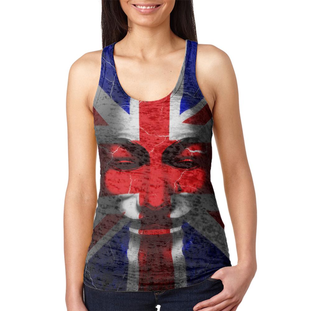 Guy Fawkes Day Union Jack Distressed British Flag Mask Juniors Burnout Racerback Tank Top Juniors Tank Tops Old Glory 2XL Multi 