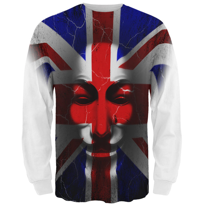 Guy Fawkes Day Union Jack Distressed British Flag Mask All Over Mens Long Sleeve T Shirt Men's Long Sleeves Old Glory 2XL White 