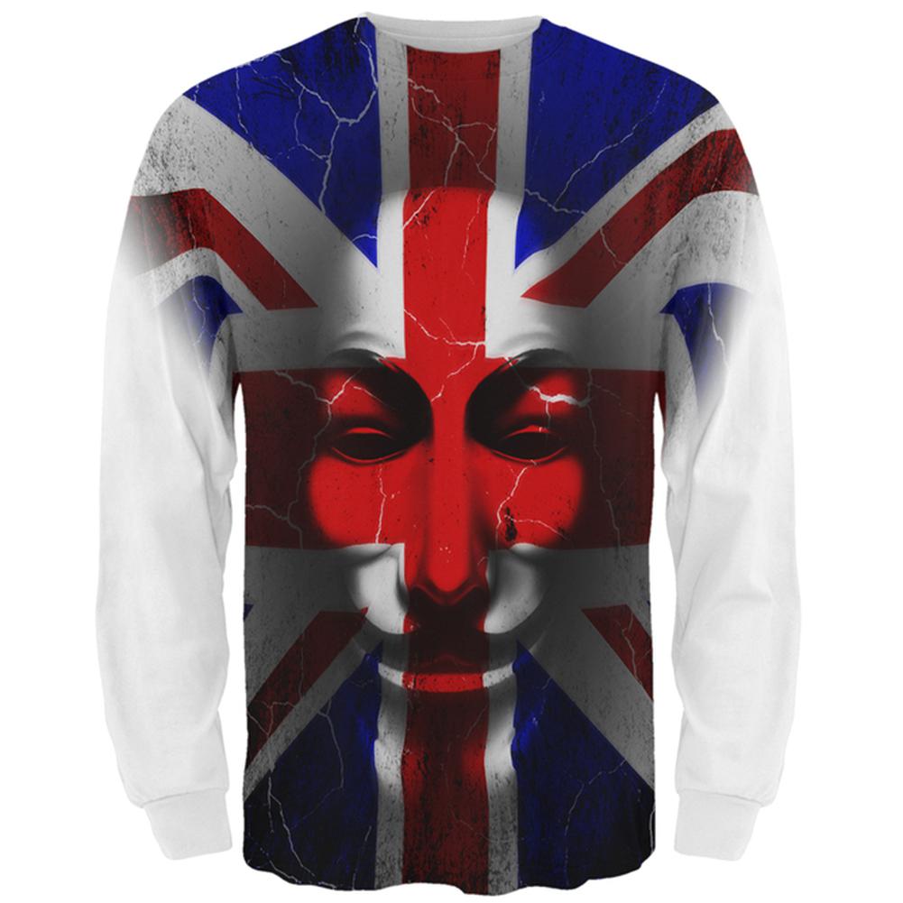 Guy Fawkes Day Union Jack Distressed British Flag Mask All Over Mens Long Sleeve T Shirt Men's Long Sleeves Old Glory LG Multi 