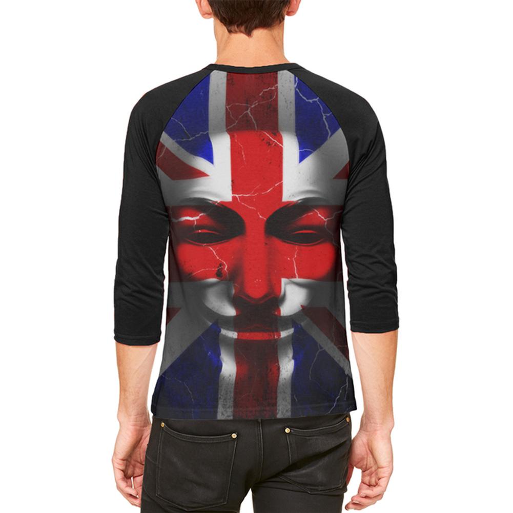 Guy Fawkes Day Union Jack Distressed British Flag Mask Mens Raglan T Shirt Men's T-Shirts Old Glory   