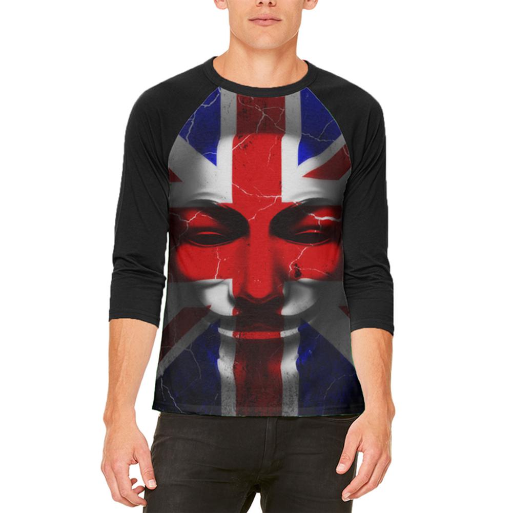 Guy Fawkes Day Union Jack Distressed British Flag Mask Mens Raglan T Shirt Men's T-Shirts Old Glory 2XL White-Black 