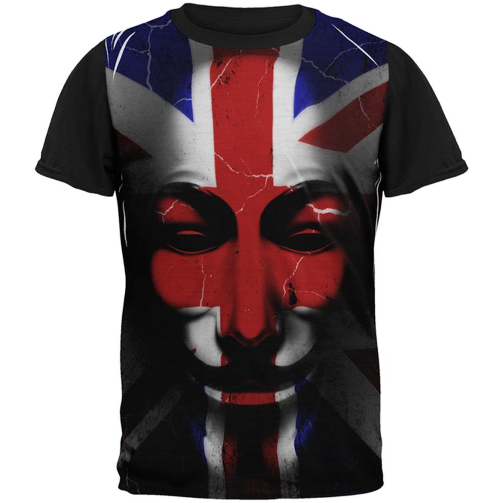 Guy Fawkes Day Union Jack Distressed British Flag Mask All Over Mens Black Back T Shirt Men's T-Shirts Old Glory MD Multi 