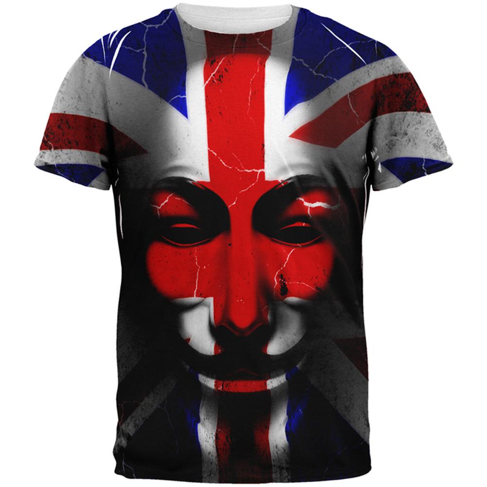 Guy Fawkes Day Union Jack Distressed British Flag Mask All Over Mens T Shirt Men's T-Shirts Old Glory 2XL Multi 