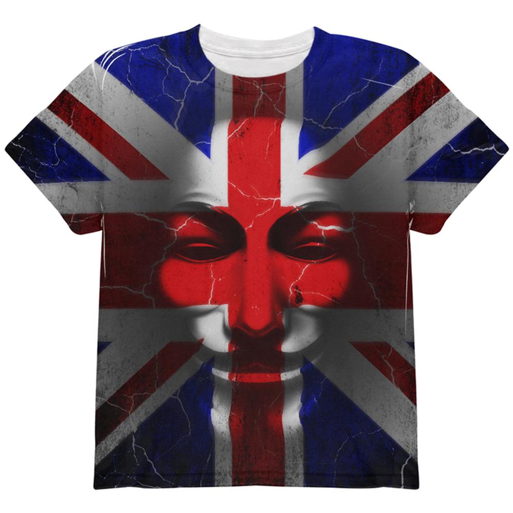 Guy Fawkes Day Union Jack Distressed British Flag Mask All Over Youth T Shirt Youth T-Shirts Old Glory LG Multi 