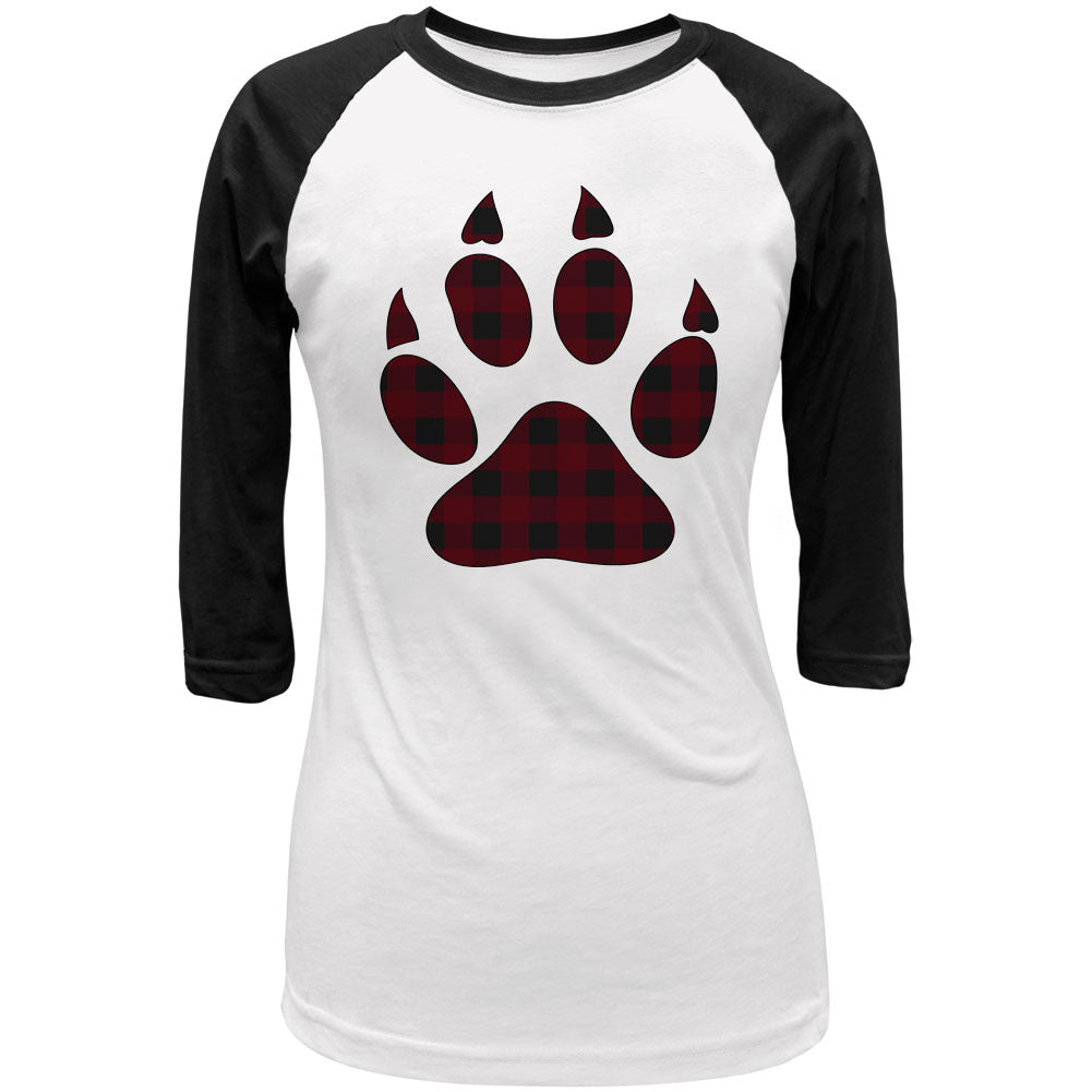 Autumn Buffalo Plaid Bear Claw Paw Juniors 3/4 Sleeve Raglan T Shirt Junior's T-Shirts global LG White-Black 