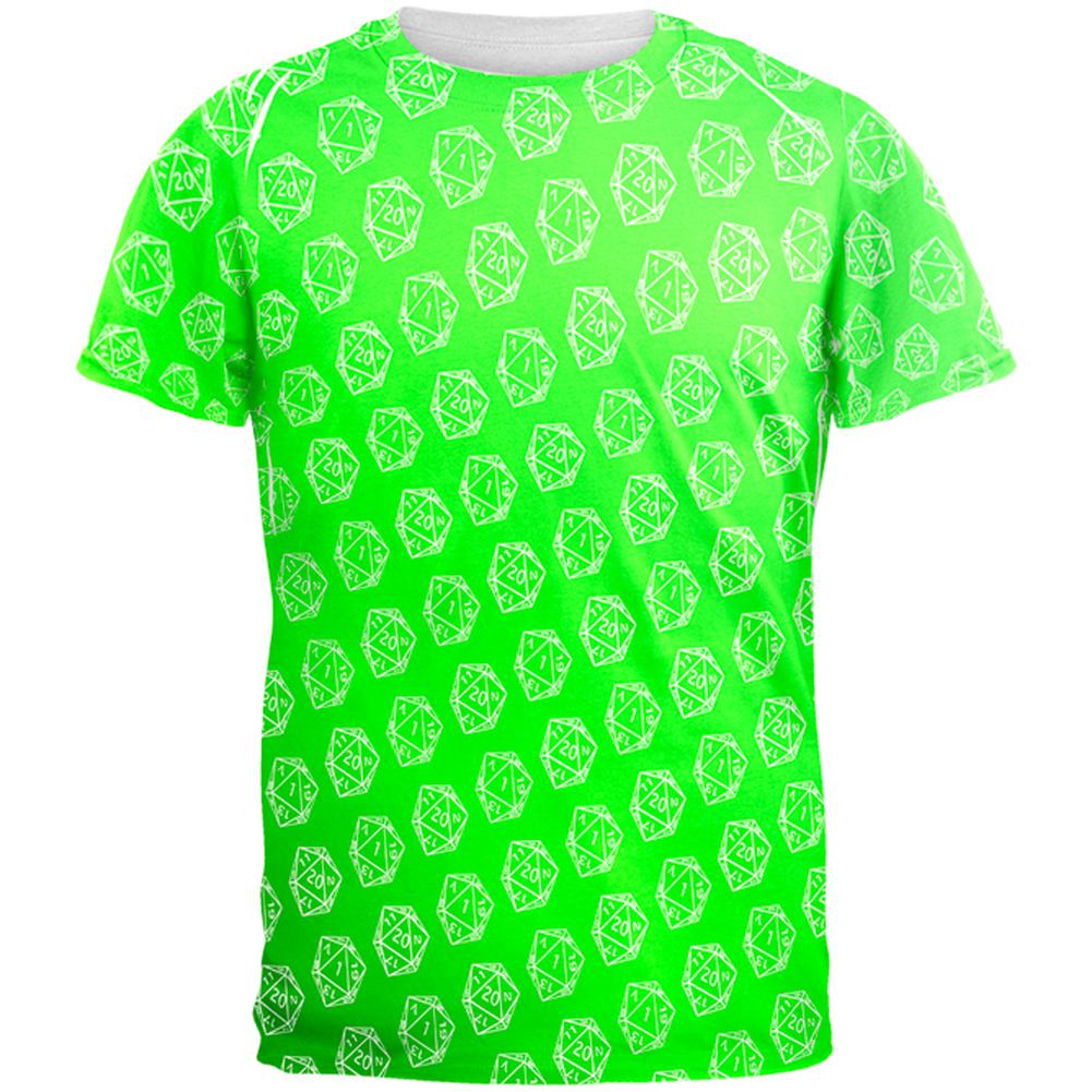 D20 Gamer Critical Hit and Fumble Green Pattern All Over Mens T Shirt Men's T-Shirts Old Glory 2XL Multi 