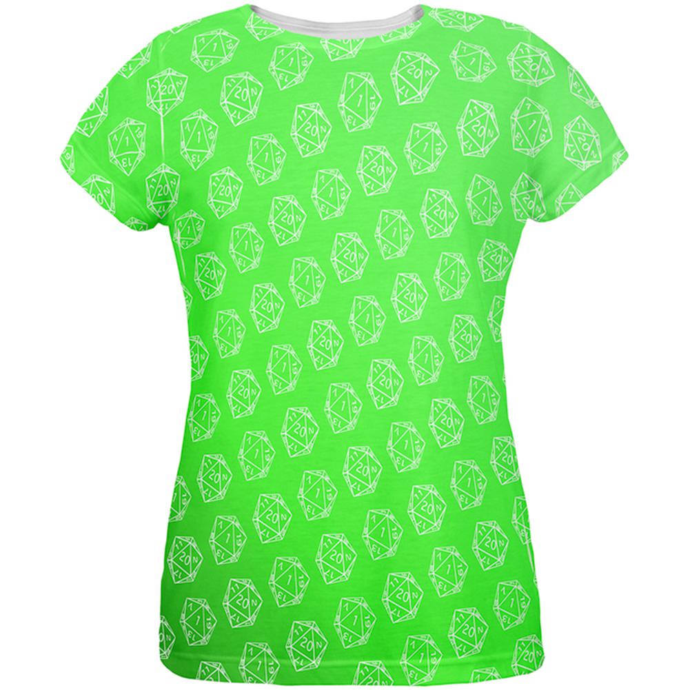 D20 Gamer Critical Hit and Fumble Green Pattern All Over Womens T Shirt Women's T-Shirts Old Glory 2XL Multi 