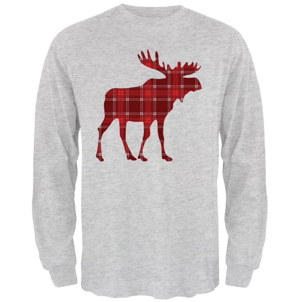 Autumn Plaid Moose Mens Long Sleeve T Shirt Men's Long Sleeves Old Glory 2XL Light Heather Grey 