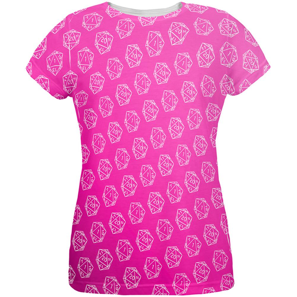 D20 Gamer Critical Hit and Fumble Pink Pattern All Over Womens T Shirt Women's T-Shirts Old Glory 2XL Multi 