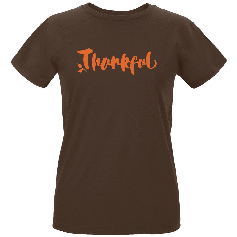 Thanksgiving Autumn Thankful Script Womens Organic T Shirt Women's T-Shirts Old Glory LG Chocolate 