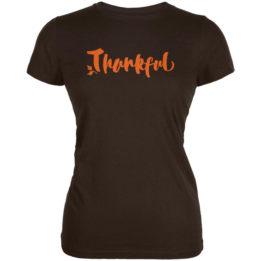 Thanksgiving Autumn Thankful Script Juniors Soft T Shirt Juniors T-Shirts Old Glory SM Brown 