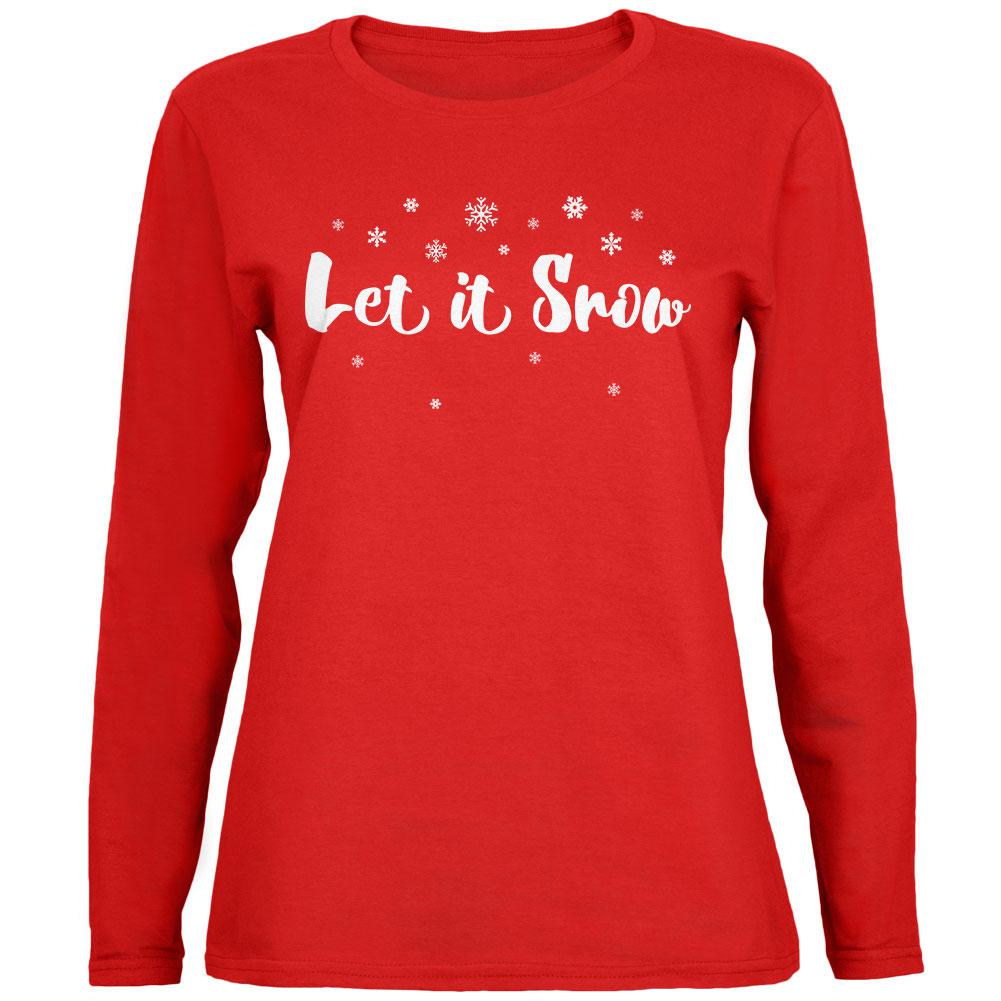 Christmas Let it Snow Script Snowflakes Womens Long Sleeve T Shirt Women's Long Sleeves Old Glory 2XL Red 