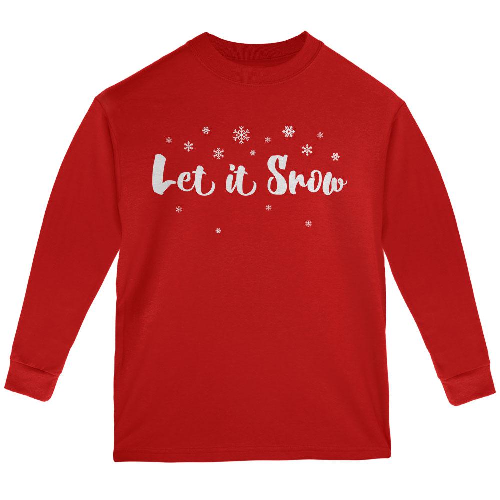 Christmas Let it Snow Script Snowflakes Youth Long Sleeve T Shirt Youth Long Sleeves Old Glory LG Red 