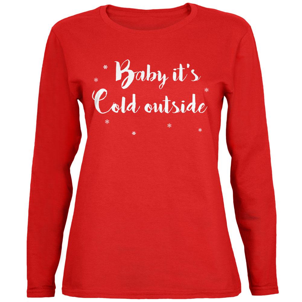 Christmas Baby it's Cold Outside Script Snowflakes Womens Long Sleeve T Shirt Women's Long Sleeves Old Glory SM Red 