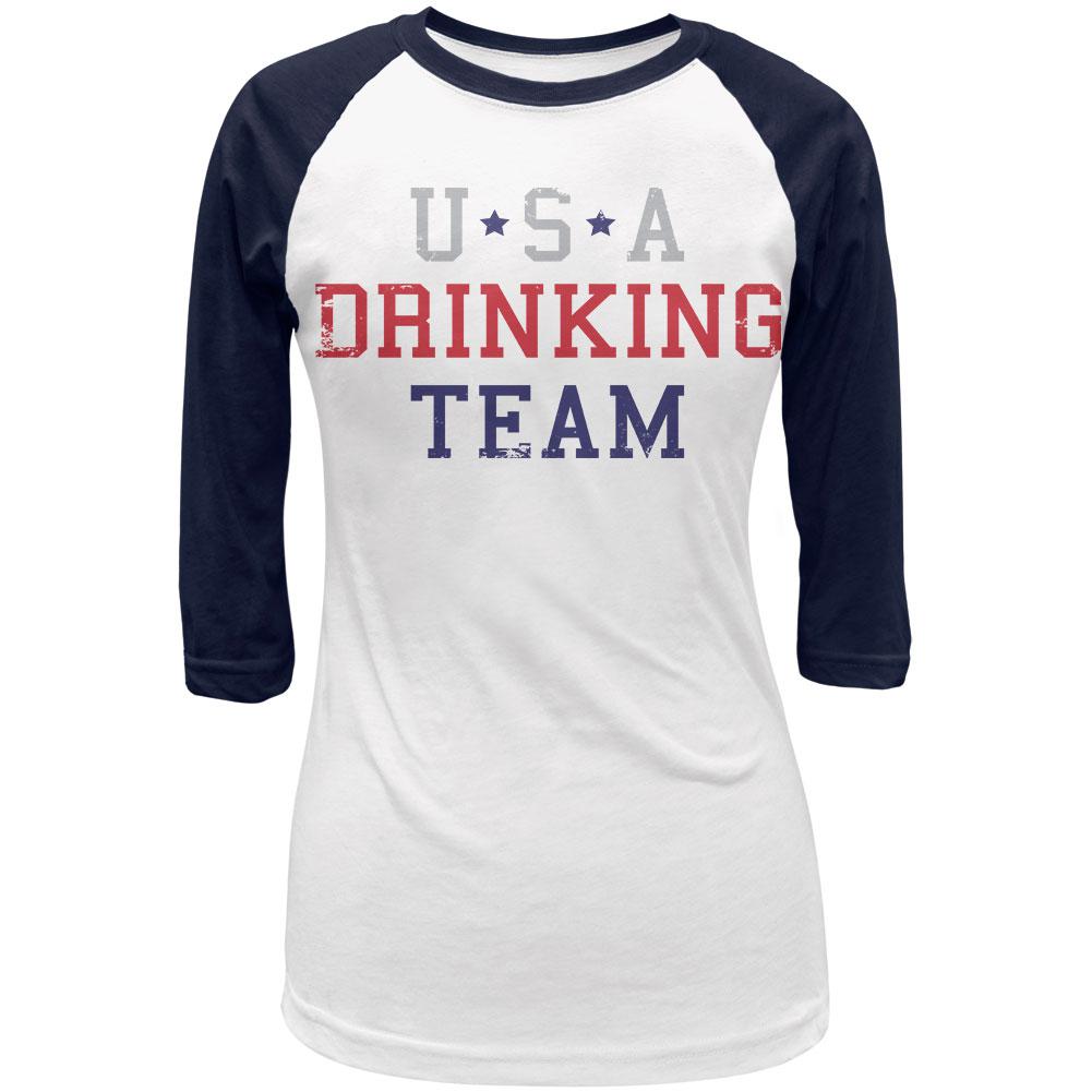 4th of July USA Drinking Team Juniors 3/4 Raglan T Shirt Juniors T-Shirts Old Glory 2XL White-Navy 