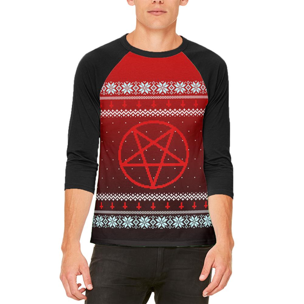 Ugly Christmas Sweater Red Black Pentagram Ombre Mens Raglan T Shirt Men's T-Shirts Old Glory 2XL White-Black 