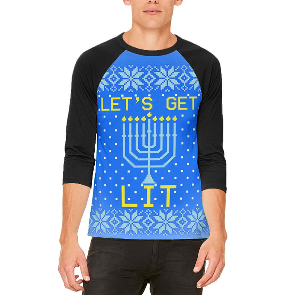 Ugly Christmas Sweater Let's Get Lit Menorah Hanukkah Mens Raglan T Shirt Men's T-Shirts Old Glory SM White-Black 