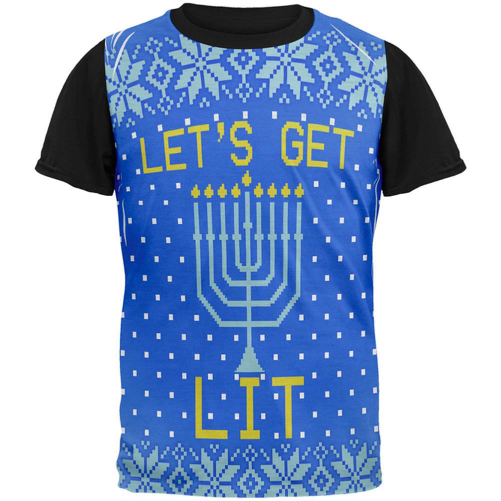 Ugly Christmas Sweater Let's Get Lit Menorah Hanukkah All Over Mens Black Back T Shirt Men's T-Shirts Old Glory SM Multi 