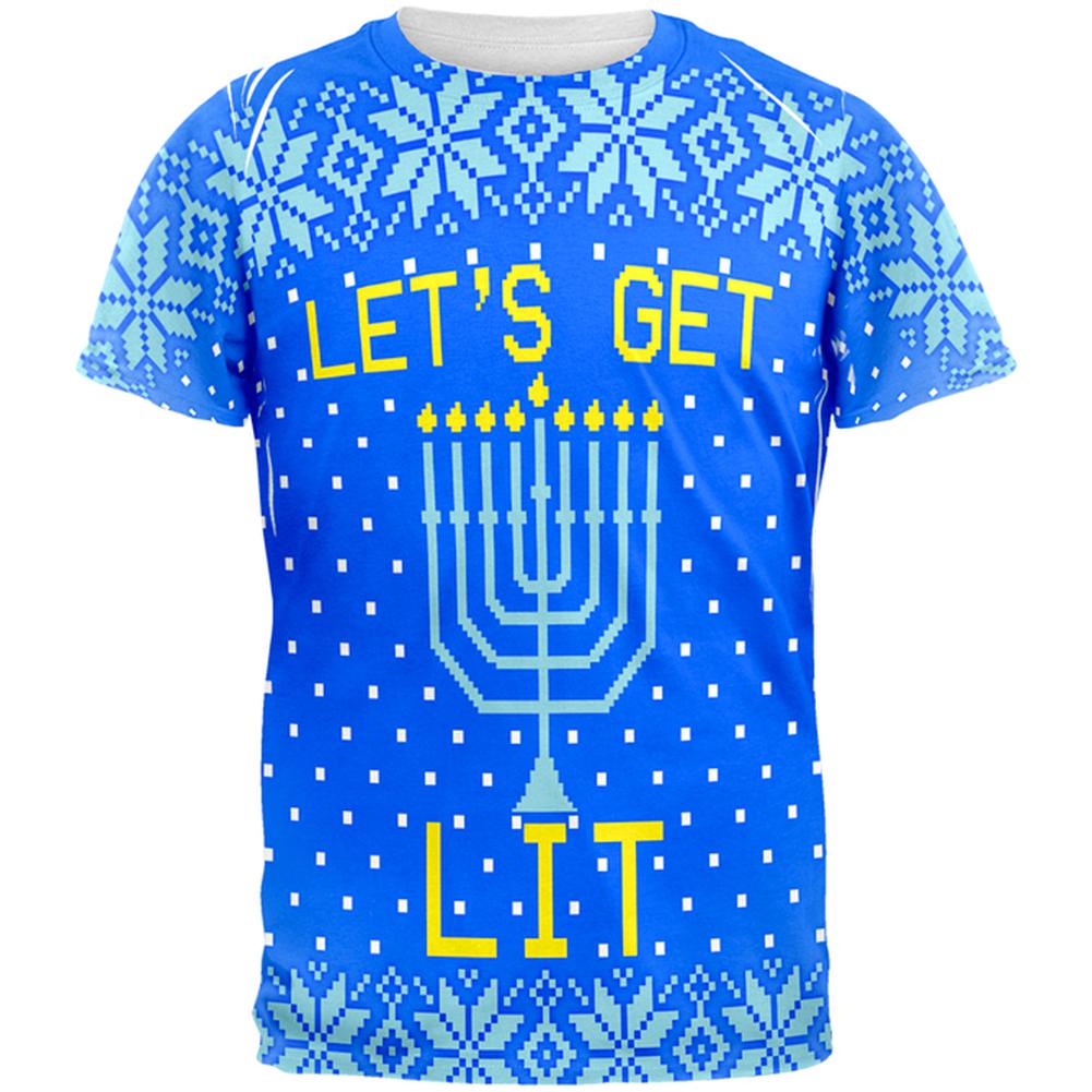 Ugly Christmas Sweater Let's Get Lit Menorah Hanukkah All Over Mens T Shirt Men's T-Shirts Old Glory 2XL Multi 