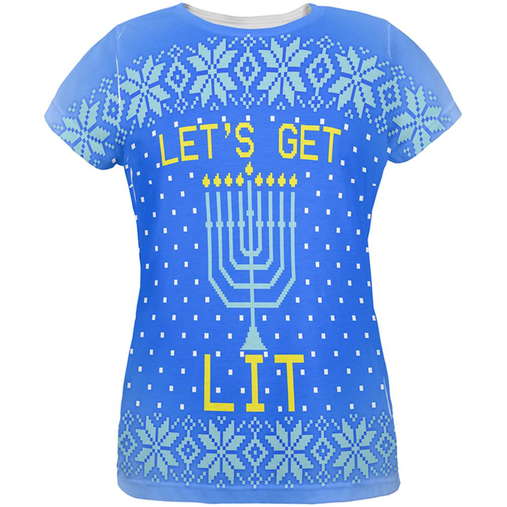 Ugly Christmas Sweater Let's Get Lit Menorah Hanukkah All Over Womens T Shirt Women's T-Shirts Old Glory 2XL Multi 