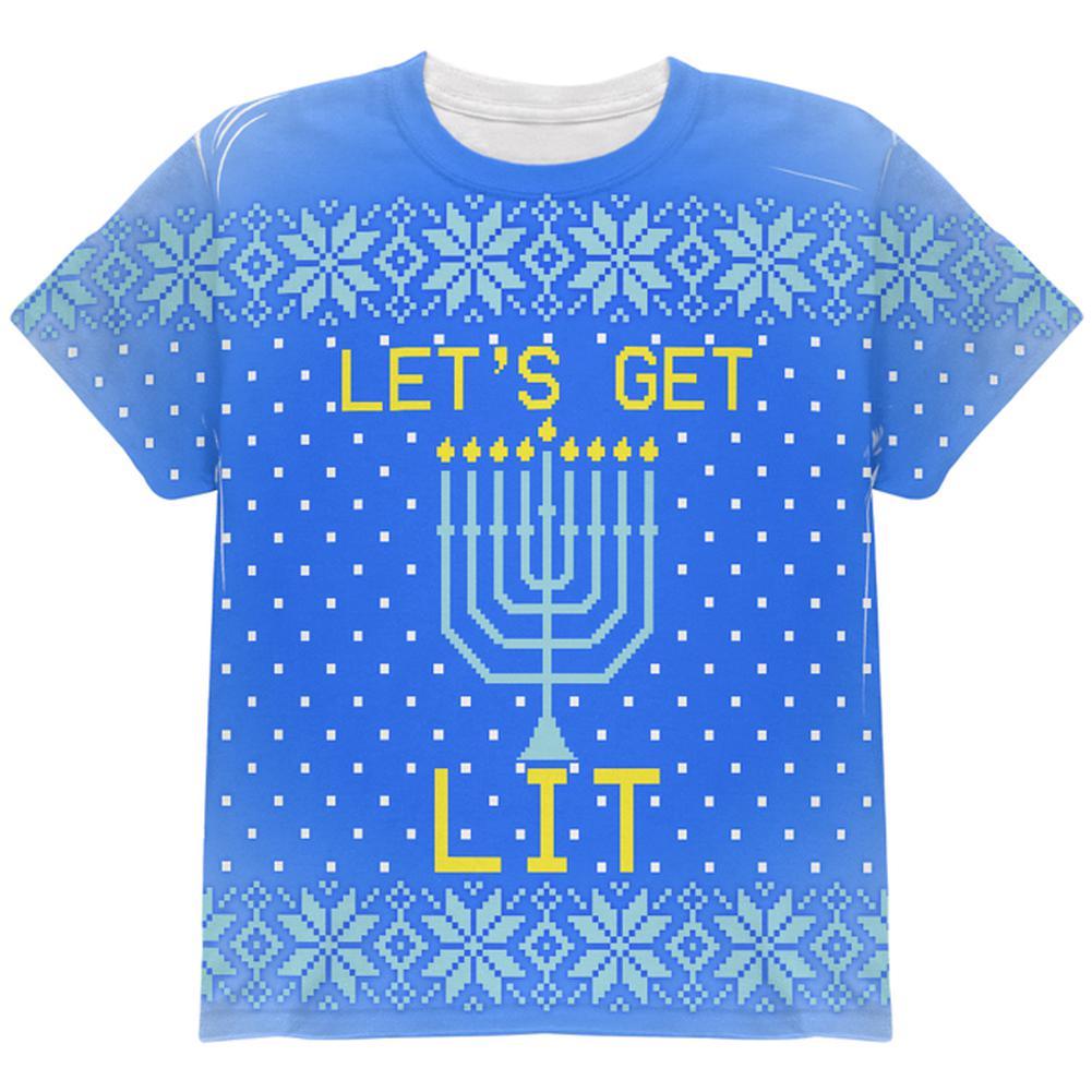 Ugly Christmas Sweater Let's Get Lit Menorah Hanukkah All Over Youth T Shirt Youth T-Shirts Old Glory LG Multi 