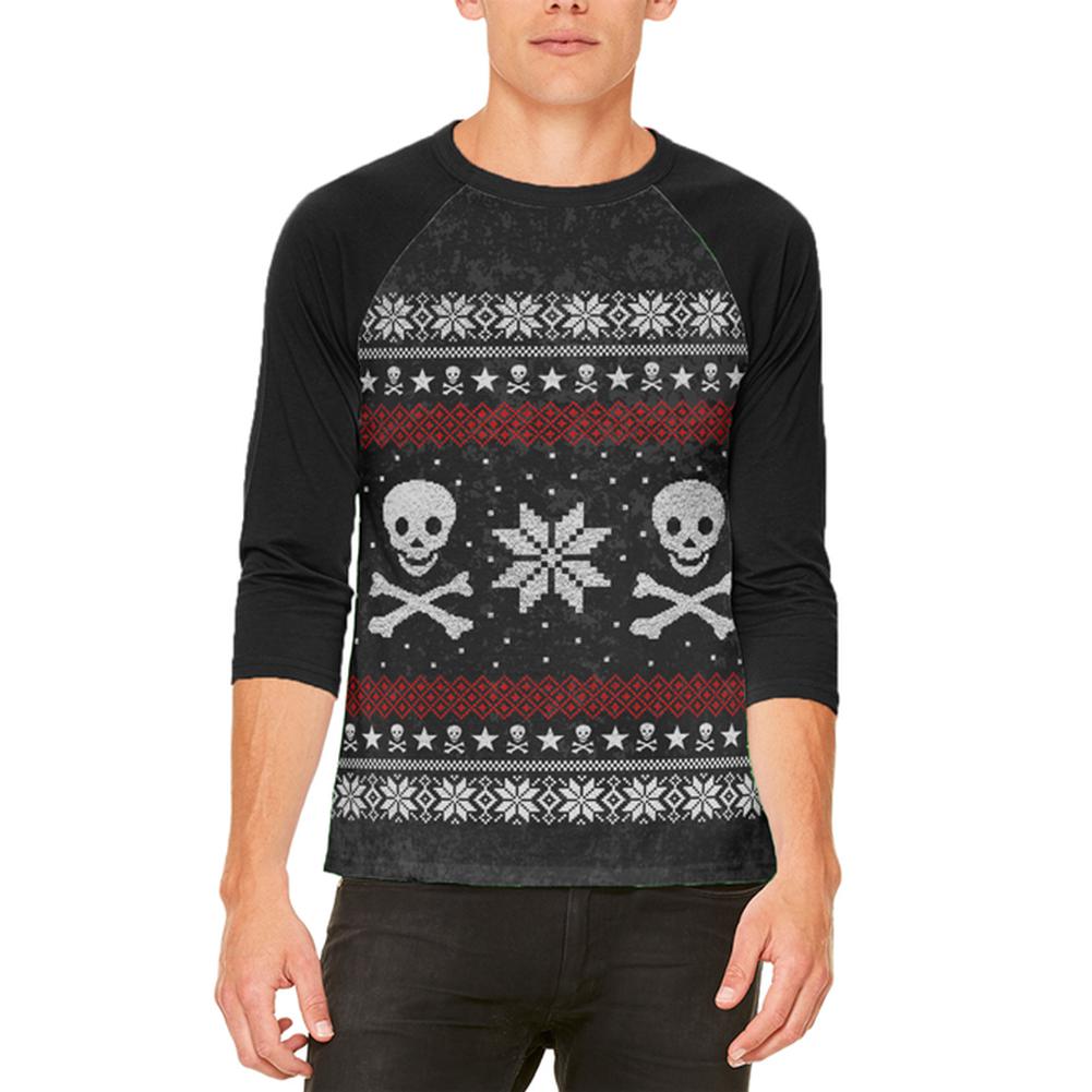 Ugly Christmas Sweater Pirate Skull and Crossbones Mens Raglan T Shirt Men's T-Shirts Old Glory 2XL White-Black 