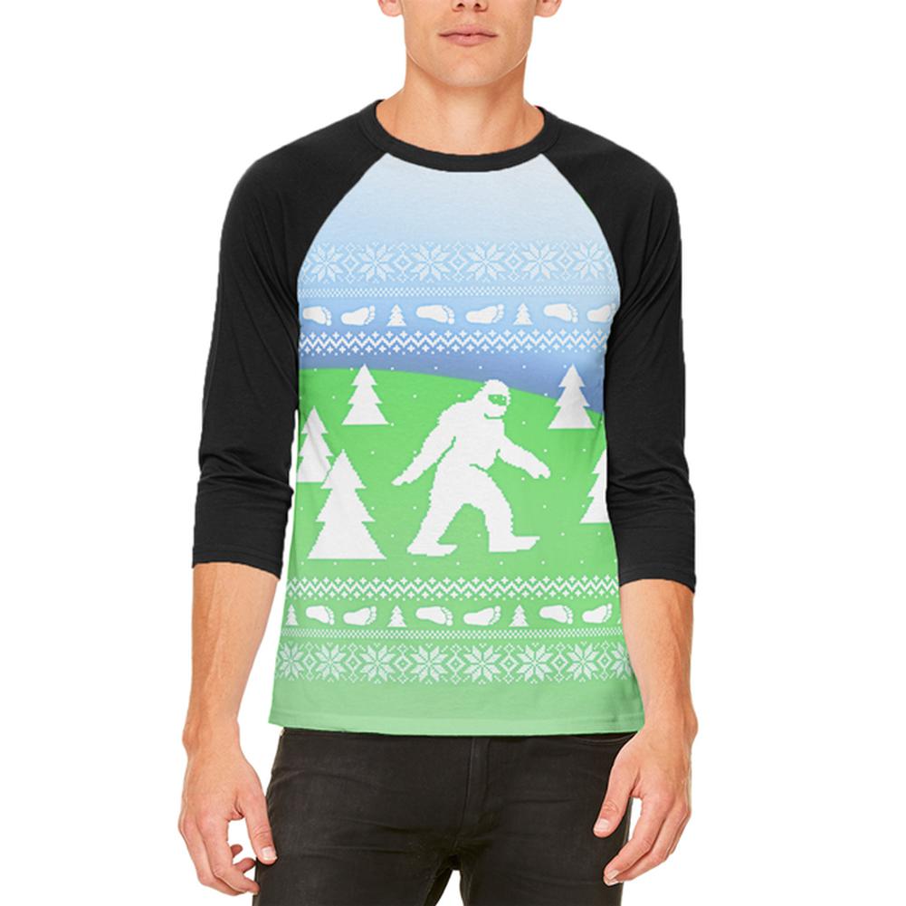 Ugly Christmas Sweater Bigfoot Sasquatch Yeti Mens Raglan T Shirt Men's T-Shirts Old Glory 2XL White-Black 